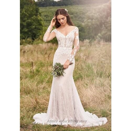 Wedding Dress Mermaid V-Neck Neckline Full Sleeves Lace Appliques Court Train Floor-Length With For Party Plus Sizes Bride Gown