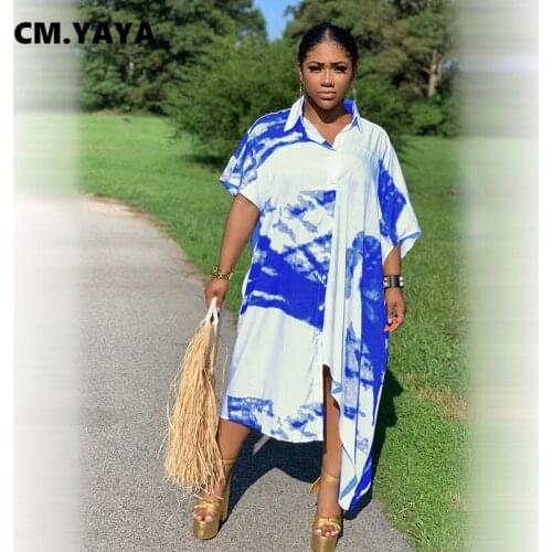 CM.YAYA Plus Size Tie Dye Print High Low Loose Dress for Women Vintage Streetwear Short Sleeve Casual Blouses Style Dresses 2021