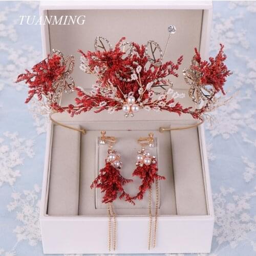 Crown Flowers Pearl Tiaras Crowns Earrings Sets Rhinestone Tassel Clip On Ear Handmade Women Bridal Hair Accessories Diadems