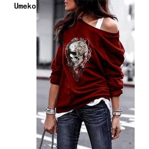 Umeko 2020 New Women Fashion Style Skull Print Hoodies One Shouder Casual Soft Long Sleeve Hoodies Women Slim Sexy Top Plus Size
