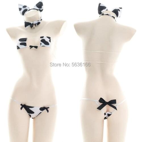 Japanese Cow Cosplay CostumeBra Panties Transparent Bikini Cute Exotic Apparel Kawaii Lingerie Women Sexy Lingerie