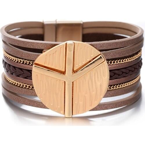 ALLYES Peace Symbol Leather Bracelets for Women Fashion Magnetic Clasp Multilayer weave Wide Bracelet Female Jewelry Gift