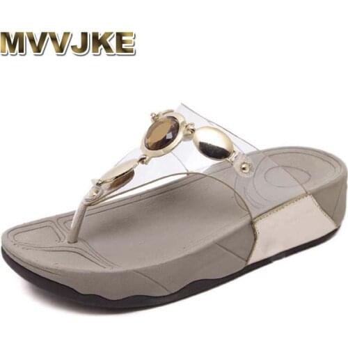 MVVJKE Women Summer Sandals Clear Transparent Jelly Slippers Clip Toe Rhinestone String Bead Mules Slide Med Heel Platform Shoes