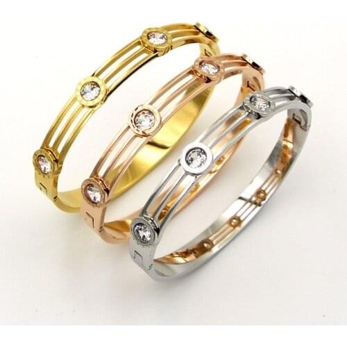 Fashion Better Hollow Crystal Four Round Roman Numerals Bangle Bracelet Stainless Steel Rose Gold Color Women Party Gift