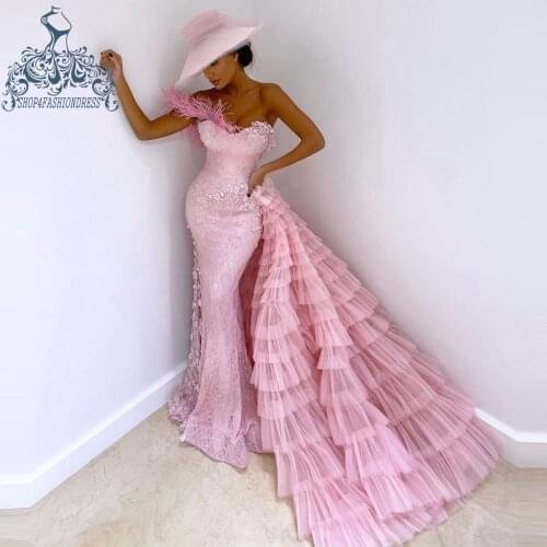 Pretty Pink Lace Feather Mermaid Prom Dresses With Tiered Tulle Train Vintage 3D Flowers Prom Gowns Formal Party Dress Vestidos