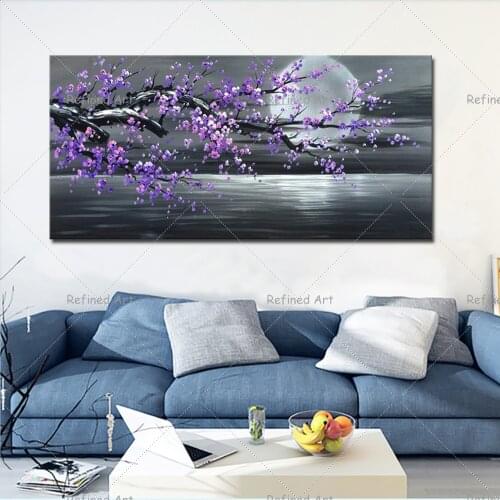 100% Hand-Painted Oil Painting Modern Flower Purple Plum Blossom Sea Rising Moon Living Room Wall Art Decoration Painting