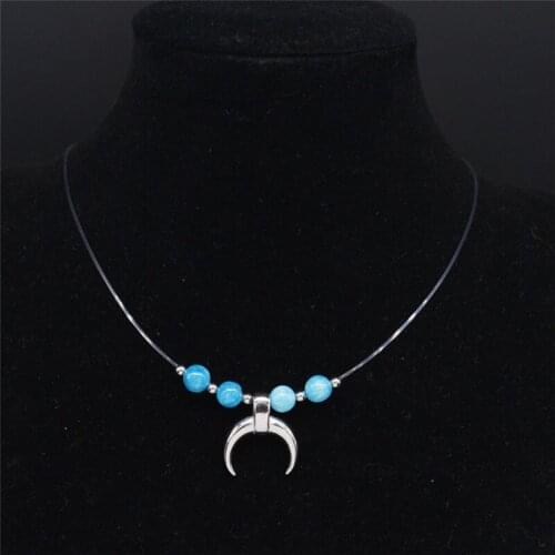 2021 Stainless Steel Natural Stone Moon Beads Necklace Women Silver Color Fishing Line Necklaces Jewelry Collar luna N202347