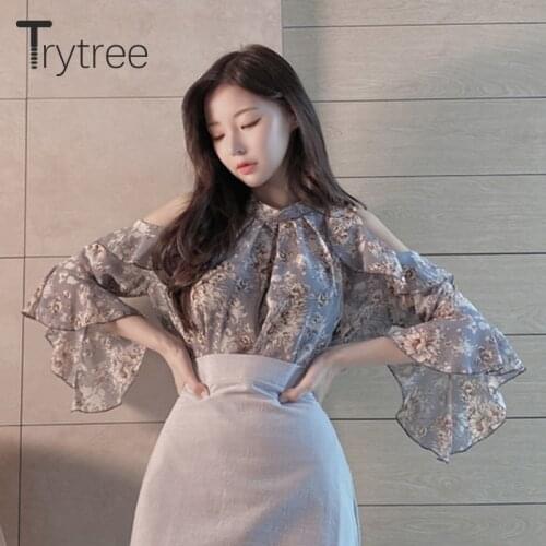 Trytree 2020 Spring Autumn Blouse Women Casual Collar Ruffles Breasted Butterfly Sleeve O-neck Printing Office Lady Shirts Tops