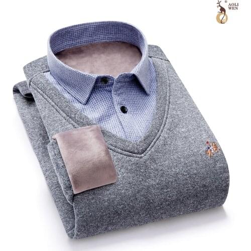 Aoliwen Brand Winter shirt-Neck Thick Warm Sweater Men shirt-neck Mens Sweater Slim Fit Pullover Men Knitwear Male Double collar