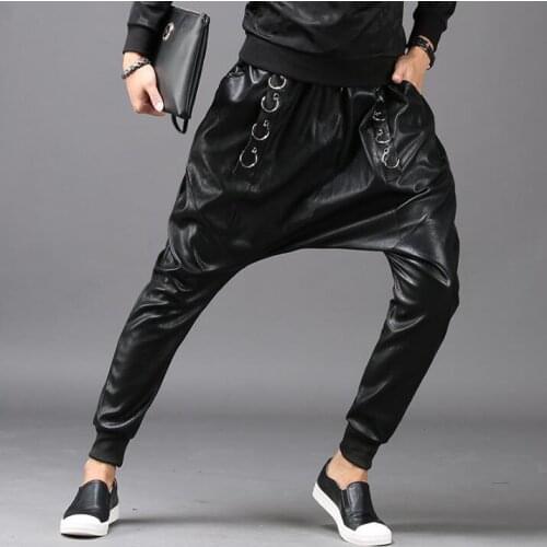 Black winter autumn personality trousers mens leather pants harem pant mens feet trousers fashion pantalon homme street novelty