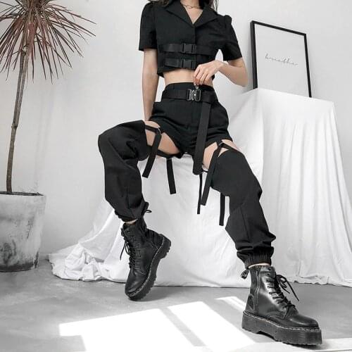 IAMHOTTY Harajuku Punk Black Harem Pants Casual High Waist Cargo Pants Women Buckle Up Parchwork Long Trousers Ladies Streetwear