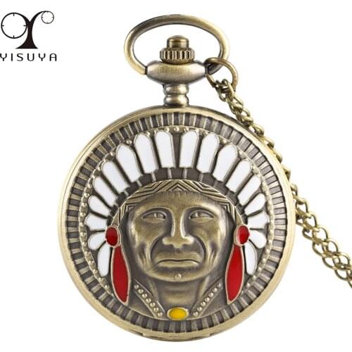 Retro Bronze Tribal Chief Pattern Necklace Pocket Watch Quartz Movement Antique Pendant Sweater Chain Pocket Clock Men Women