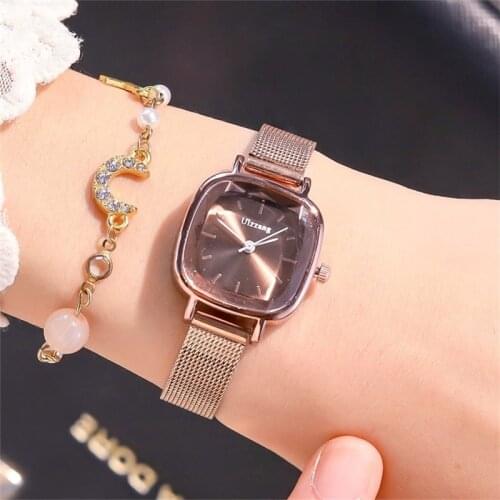 Rose Gold Women Fashion Luxury Watches Retro Square Ladies Wristwatches Drop Shipping Silver Steel Mesh Strap Female Watch