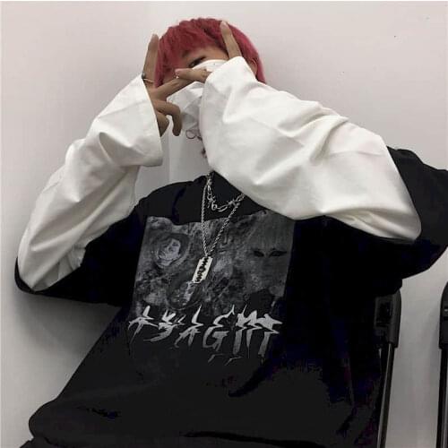 Mens and womens retro T-shirt Yoji style dark black Yamamoto couple printing fake two long-sleeved shirts Oversize Blouse top