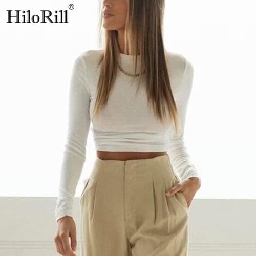 HiloRill Solid Women Fashion O-neck Basic Crop Top T Shirt Back Bow Tie Hollow Out Streetwear Tops Female Long Sleeve Tee Shirt