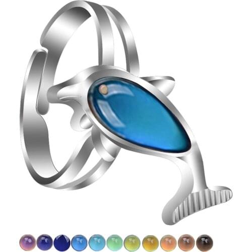 Mood Ring Vintage Dolphin Glitter Powder Adjustable Size Unique Temperature Control Color Animal Rings Female Jewelry