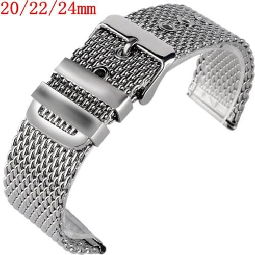 20mm 22mm 24mm Solid Link Stainless Steel Mesh Bracelet Men Replacement Wrist Band Watch Strap Silver Pin Buckle Watchband