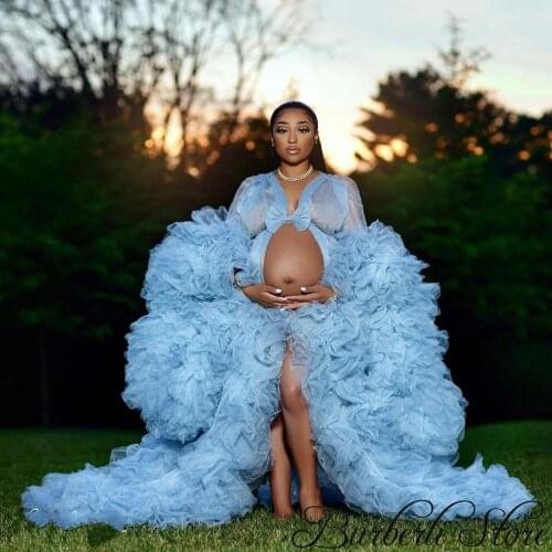 Sky Blue Puffy Tulle Maternity Women Dresses Ruffles Lush Jacket Formal Dress Robe Nightgown Custom Made