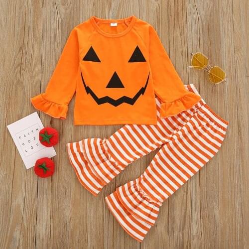 Halloween Clothes For Kids Cotton Casual Girls Boutique Outfits Orange Ruffled Long Sleeve Shirt Flare Pants Kids Girls Outfits