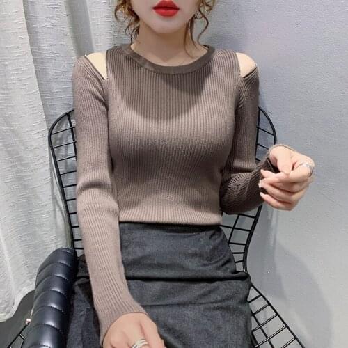Autumn winter jumpers 2020 Sexy zipper off shoulder knitted sweater Women elegant solid skinny slim pullover and sweater