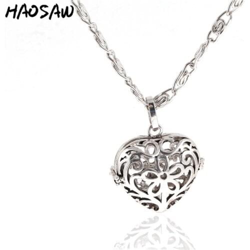 32mm Rhodium Long Necklace Heart Shape Flower Hollow DIY Cage Vintage Alloy For Women Jewelry Gift Necklact Pendnt Findings
