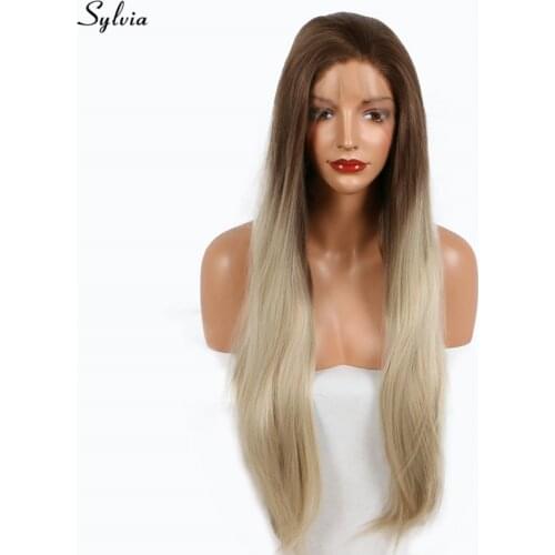 Sylvia Long Medium Brown Root Ombre Dirty Blonde Heat Resistant Fiber Soft Natural Straight Two Tone Synthetic Lace Front Wigs