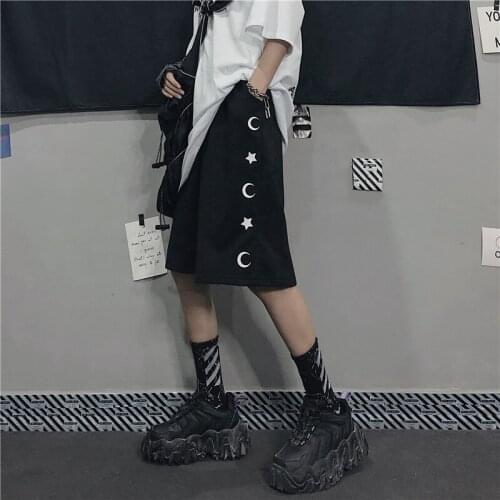 New Summer Harajuku Women Hip Hop Star Moon Print Black Straight Shorts Fashion High Waist BF Casual Wide Leg Shorts