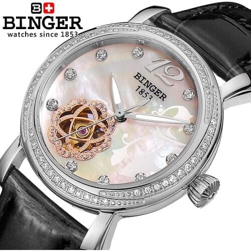 Switzerland Binger Womens watches Luxury Brand Watch Women leather strap automatic Self-wind mechanical Diamond clcok B-1132L-1