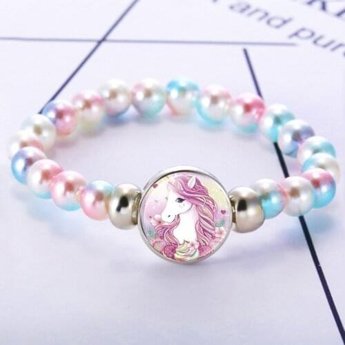 Trendy Colorful Beads Bracelet Cute Unicorn Horse Glass Snap Button Charms Bracelets For Women Girls Boys Jewelry Kids Gifts