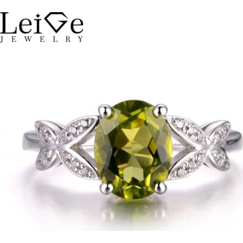 LeiGe Jewelry Natural Green Peridot Ring Unique Engagement Ring August Birthstone Oval Cut Ring 925 Sterling Silver Vintage Ring