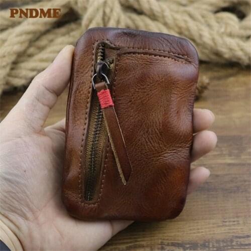 Vintage simple genuine leather mens womens mini coin purse natural real first layer cowhide small bank card money storage bag