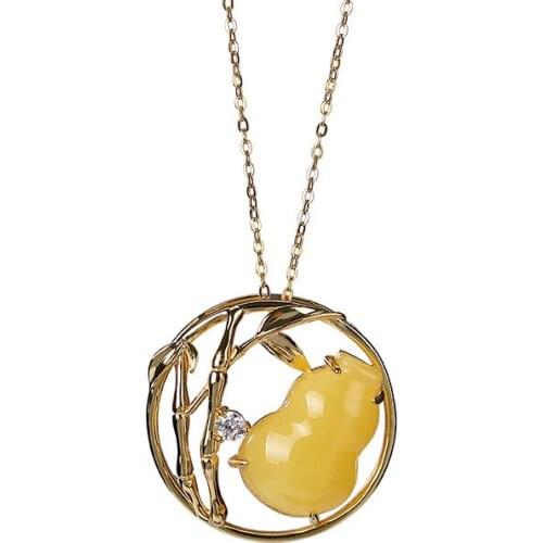 925 sterling silver gold plated natural beeswax pendant retro national trend hollow gourd Fu Lu Lady pendant