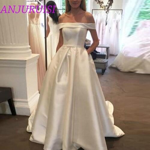 ANJURUISI Off The Shoulder A Line Wedding Dresses 2020 Elegant Simple Satin Wedding Gown With Pockets Bow Vestido De Novia