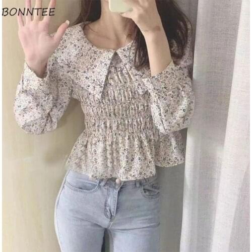 Blouses Women Office Peter Pan Collar Fashion Floral Causal Harajuku Retro Shirring Simple College Spring Vintage Streetwear BF
