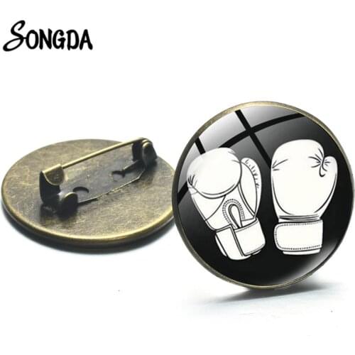 Boxing Gloves Glass Photo Brooches Bronze Color Metal Denim Pins Casual Sports Boxing Fans Gift Decoration Badges Pins