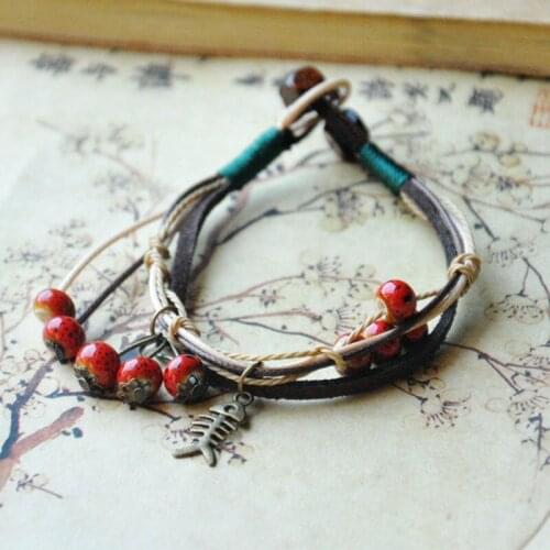 Fish Bone Pendant Charm Bracelets Women Men Multilayer Leather Chain Ceramic Beads Tassel Wristbands Strand Bangles Jewelry