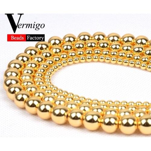 High Quality Gold Hematite Natural Stone Round Loose Beads For Beadwork Jewelry Making 4 6 8 10mm Diy Bracelet 15"Strand Perles
