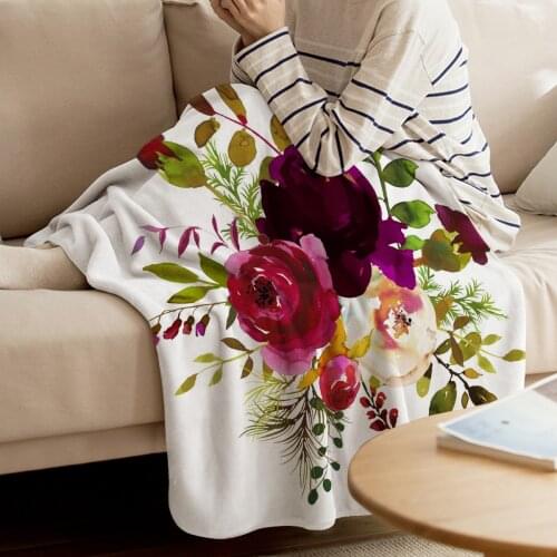 Peony Flower Leaves Watercolor Printed Flannel Blanket Soft Throw Blanket Machine Washable Blankets For Bed Sofa Travel