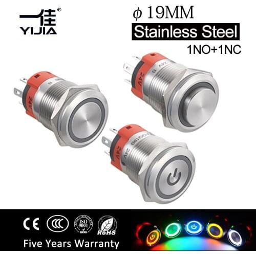 YIJIA Mometary Latching 1NO 1NC 19mm Metal Led Light Switches Stainless Steel 12V 24V Lamp Waterproof Push Button