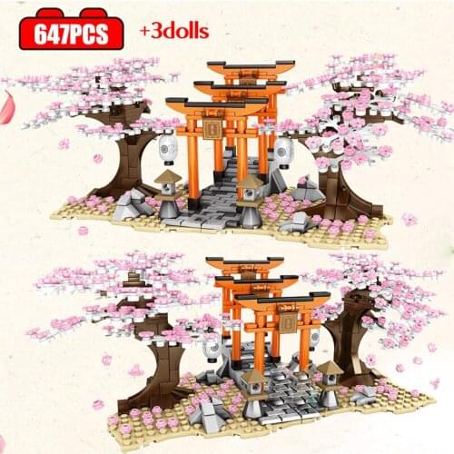 City Friends Street View Idea Cherry Blossom Landscape House Building Blocks Sakura Stall Inari Shrine Bricks Toys for Children
