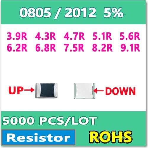 JASNPROSMA 0805 J 5% 5000pcs 3.9R 4.3R 4.7R 5.1R 5.6R 6.2R 6.8R 7.5R 8.2R 9.1R smd 2012 OHM Resistor