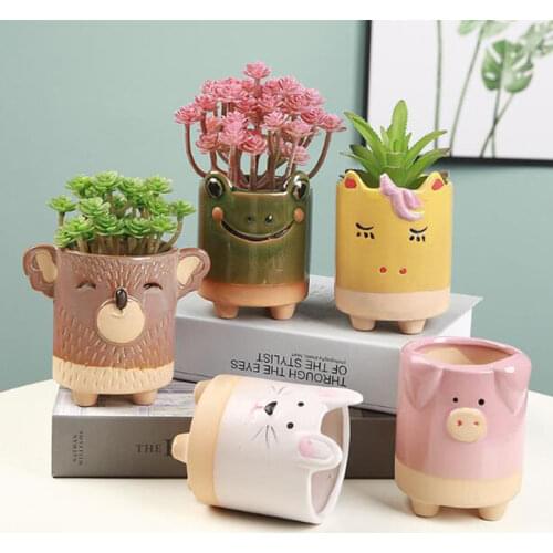 4pcs/set Ceramic Succulent Plant Pot Handmade Coarse Pottery Vase Container Cute Animal Rabbit Pig Frog Flowerpot Desktop Decor
