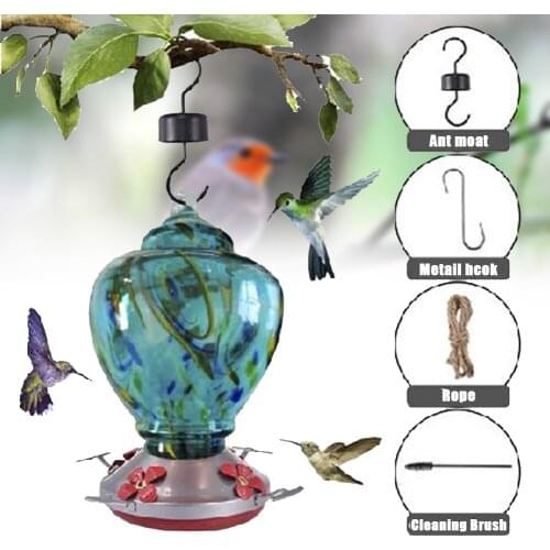 Hummingbird Feeder for Outdoors Hand Blown Colorful Glass Feeder with Ant Moat