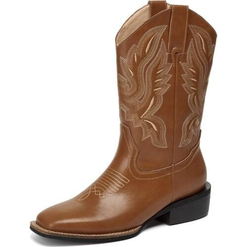 Embroider Western Cowboy Boots Leather Chunky Heels Womens Boots Slip On Knight Motorcycle Boots Square Toe Shoes for Women New