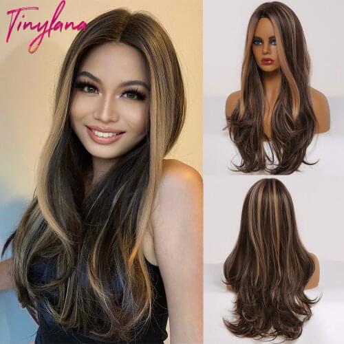 TINY LANA Synthetic Ombre Black Brown with Golden Highlights Wigs Long Wavy Heat Resistant Middle Part Cosplay Wigs for Women