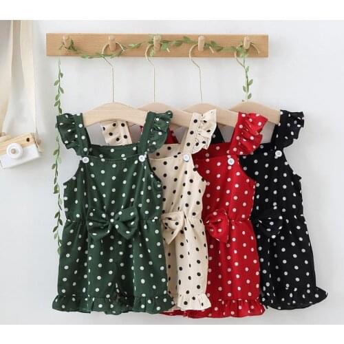 Summer Baby Romper Kids Polka Dots Print Square Neck Sleeveless Rompers for Girls Green/Apricot/Black/Red