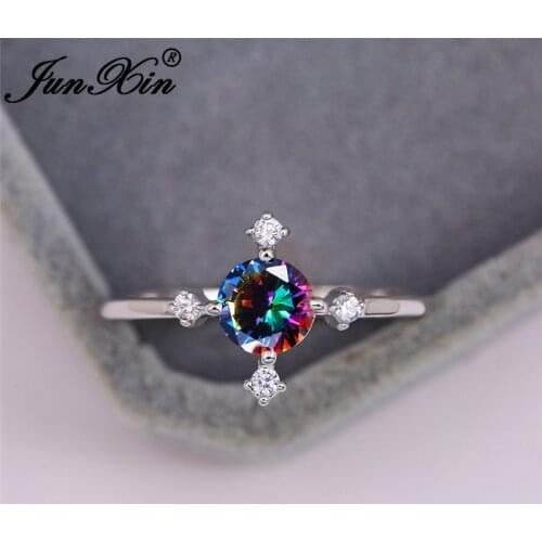 Mystic Rainbow Fire Crystal Round Stone Rings For Women Simple Zircon Cross Wedding Bands Silver Color Engagement Ring Women