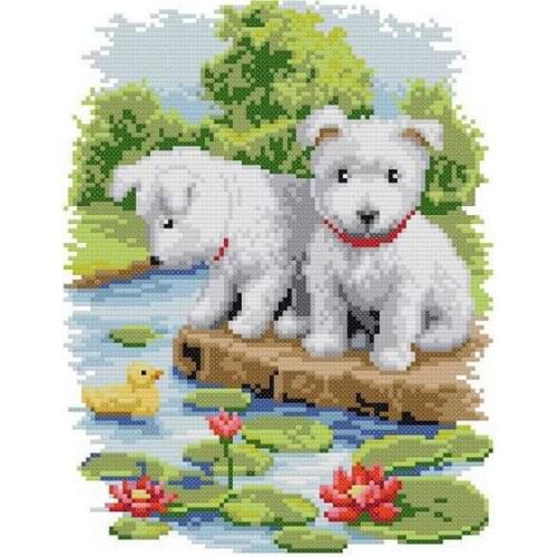 Cross stitch Handmade 14CT Counted Canvas DIY,Cross-stitch kits,Embroidery -The puppy by the lotus pond 27-32