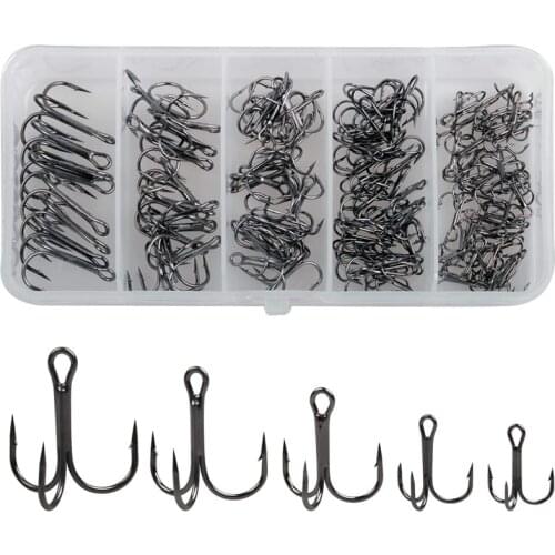 120pcs/box High Carbon Steel Fishing Treble Hooks Kit Strong Sharp Round Bend lure Fishing Hooks Triple Hook for Bass fishing