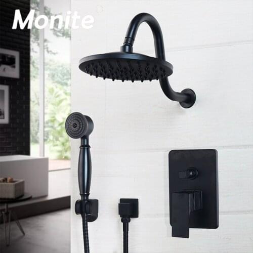 Monite 8 Inch Black Round Head Wall Mounted Bathroom Rainfall Shower Faucet Set Oil Rubbed Bronze Head & Hand Shower Shower Sets